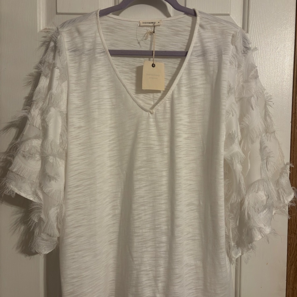 White Fringe Sleeve Top